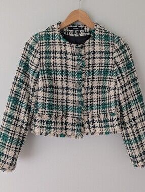Hallhuber Tweed Cropped Blazer Green Black Cream Jeweled Buttons Sz 2 Lined